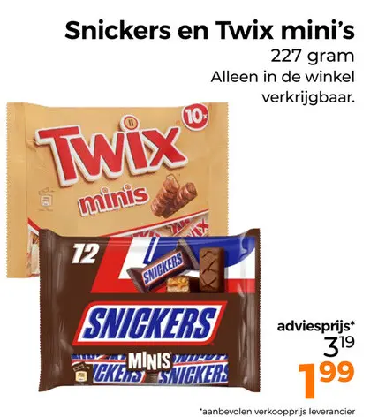 Aanbieding: Snickers en Twix mini's