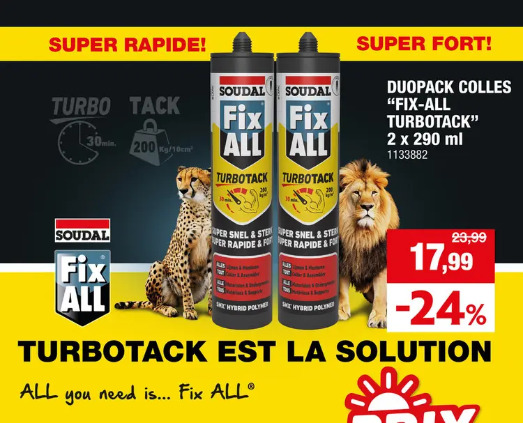 Offre: Soudal Fix ALL TurboTack colle 290ml blanc 2 pièces