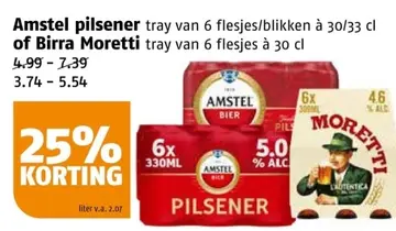 Aanbieding: Amstel pilsener of Birra Moretti
