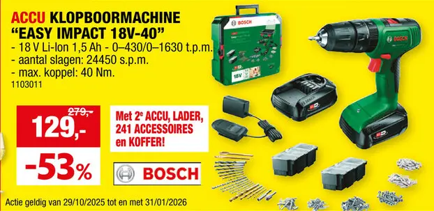 Promotie: Bosch EasyImpact 18V-40 accu klopboorschroefmachine 18V Li-Ion met 2 batterijen + lader + 242 accessoires + SystemBox