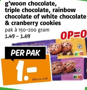 Aanbieding: g'woon chocolate, triple chocolate, rainbow chocolate of white chocolate & cranberry cookies