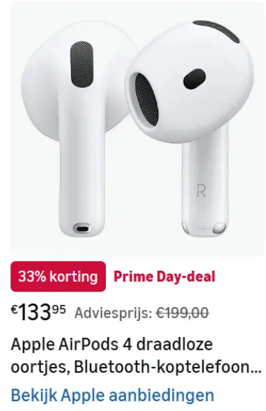 Aanbieding: Apple AirPods 4 draadloze oortjes, Bluetooth-Koptelefoon