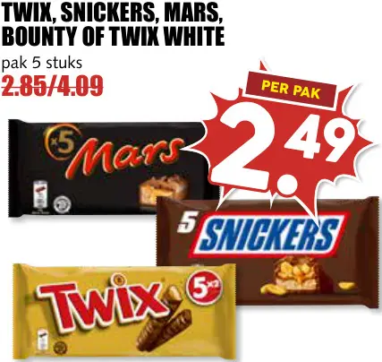 Aanbieding: Twix, Snickers, Mars, Bounty Of Twix White