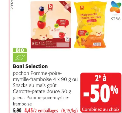 Offre: Pochon Pomme-poire-myrtille-framboise ou Snacks au maïs goût Carotte-patate douce
