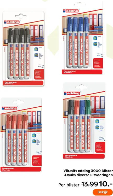 Aanbieding: Edding Viltstift 3000 Blister 4stuks diverse uitvoeringen