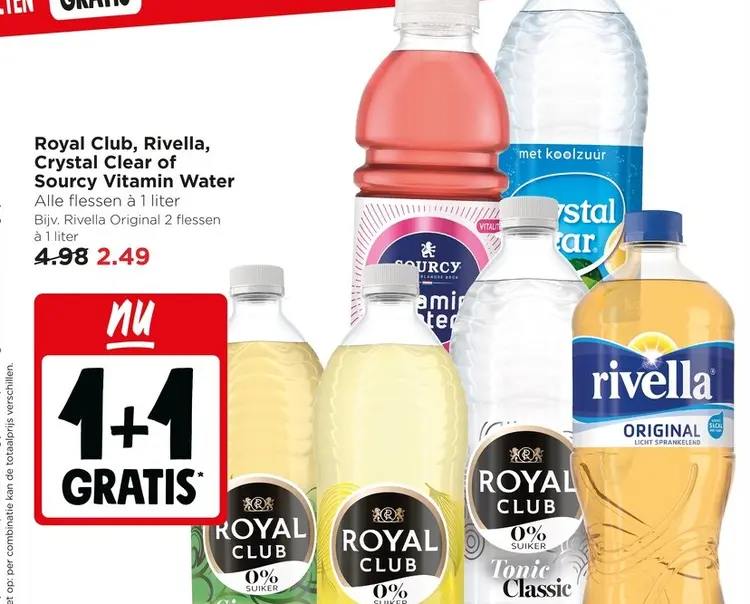 Aanbieding: Royal Club, Rivella, Crystal Clear of Sourcy 