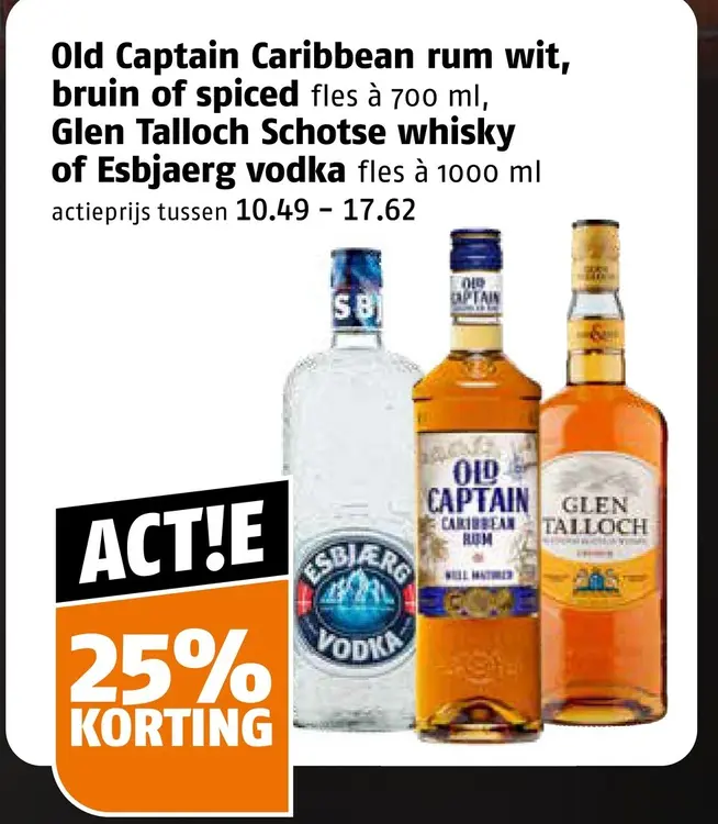 Aanbieding: Old Captain Caribbean rum wit, bruin of spiced, Schotse whisky of Esbjaerg vodka