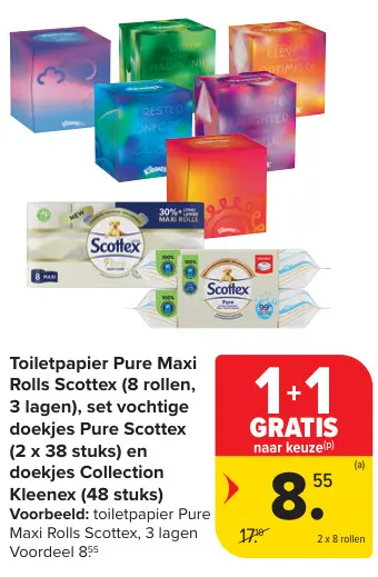 Aanbieding: Toiletpapier Pure Maxi Rolls Scottex, set vochtige doekjes Pure Scottex en doekjes Collection