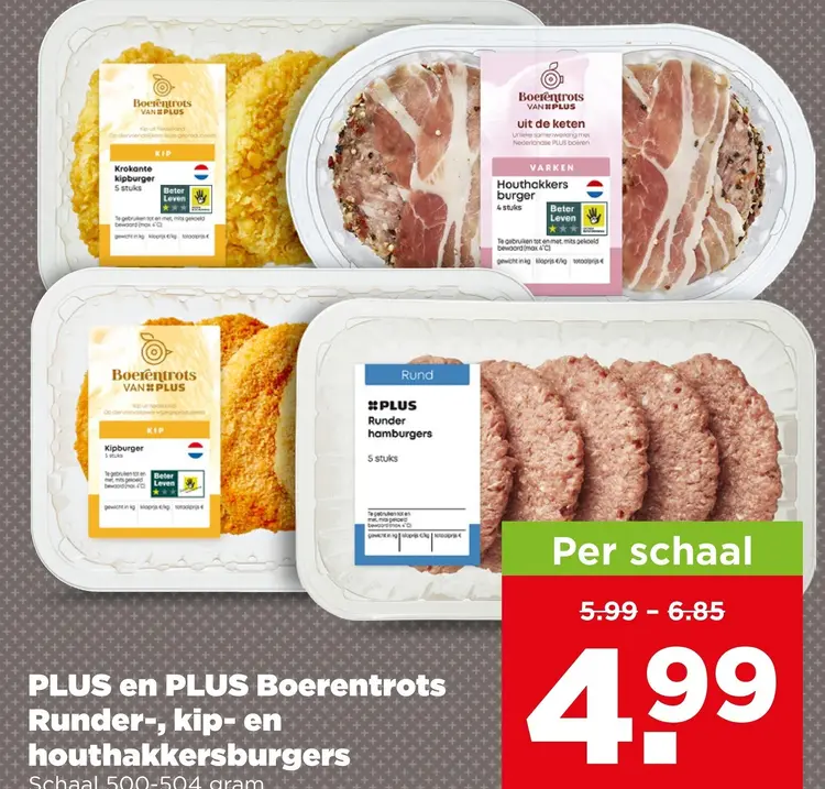 Aanbieding: PLUS en PLUS Boerentrots Runder-, kip- en houthakkersburgers