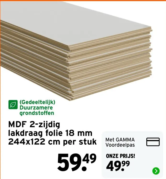 Aanbieding: MDF 2-zijdig lakdraag folie 18 mm 244x122 cm