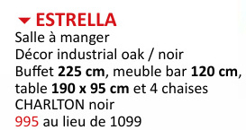 Offre: Salle à manger Estrella avec 4 chaises Charlton - table 190x95cm - meuble bar 120cm