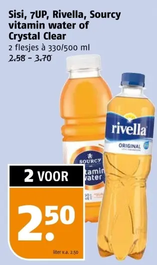 Aanbieding: Sisi, 7UP, Rivella, Sourcy vitamin water of Crystal Clear