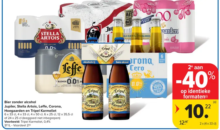 Promotie: Bier zonder alcohol Jupiler, Stella Artois, Leffe, Corona, Hoegaarden of Tripel Karmeliet
