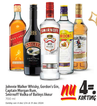 Aanbieding: Johnnie Walker Whisky, Gordon's Gin, Captain Morgan Rum, Smirnoff Vodka of Baileys likeur