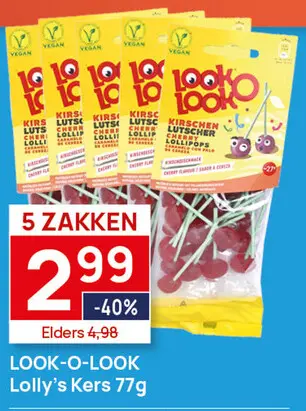 Aanbieding: 5 zakken Look-O-Look Lollipop Kersen 77g