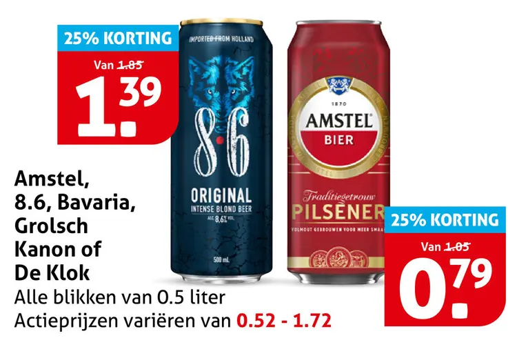 Aanbieding: Amstel, 8.6, Bavaria, Grolsch Kanon of De Klok