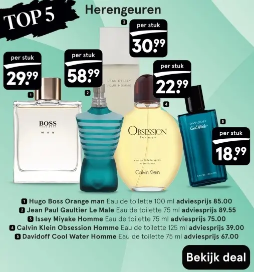 Aanbieding: Hugo Boss Orange man, Jean Paul Gaultier Le Male, Issey Miyake Homme, Calvin Klein Obsession Homme en Davidoff Coll Water Homme parfums
