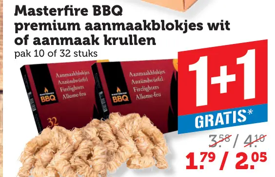 Aanbieding: Masterfire BBQ premium aanmaakblokjes wit of aanmaak krullen
