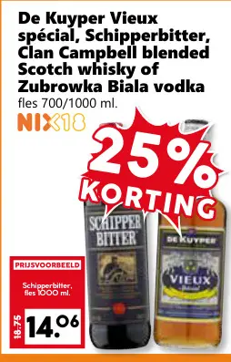 Aanbieding: De Kuyper Vieux spécial, Schipperbitter, Clan Campbell blended scotch whisky of Zubrowka Biala vodka