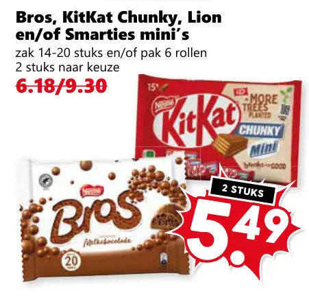 Aanbieding: Bros, KitKat Chunky, Lion en/of Smarties mini's