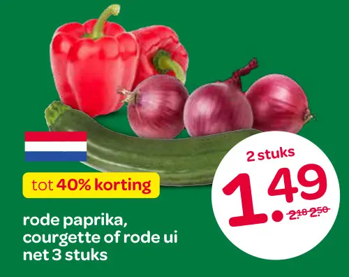 Aanbieding: Rode paprika, courgette of rode ui net 3 stuks