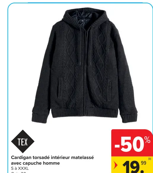 Offre: Cardigan torsadé intérieur matelassé avec capuche homme