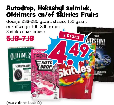Aanbieding: Autodrop, Heksehyl salmiak, Oldtimers en/of Skittles Fruits