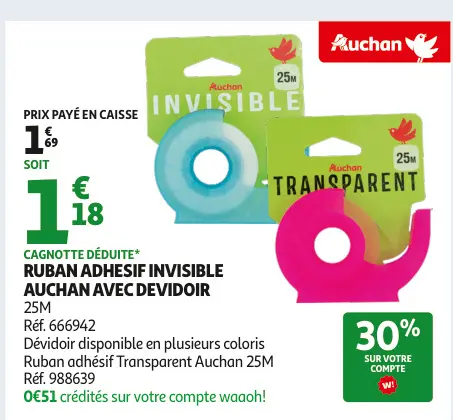 Offre: Ruban Adhésif Invisible Auchan avec Dévidoir