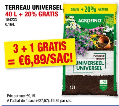 Offre: Terreau universel 40l + 20 % gratuit