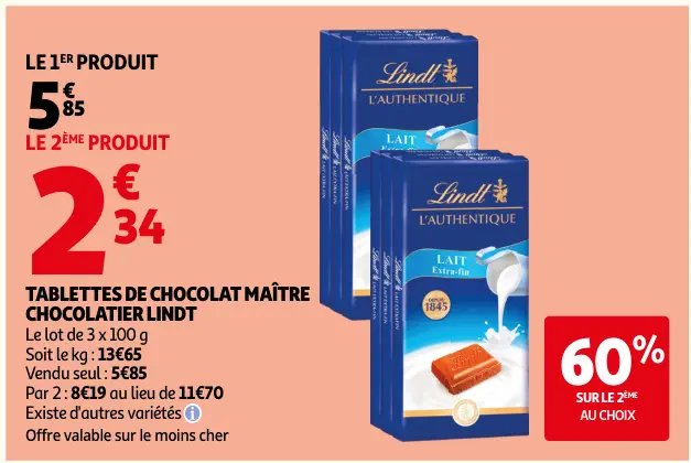 Promotie: Tablettes de chocolat maître chocolatier Lindt