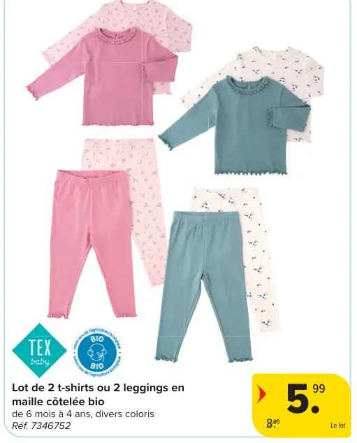 Offre: Lot de 2 t-shirts ou 2 leggings en maille côt