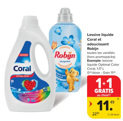 Offre: Lessive liquide Coral et adoucissant Robijn