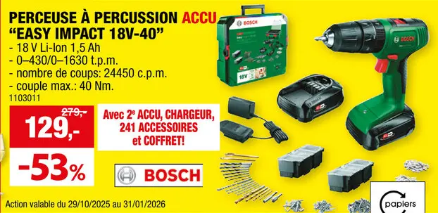 Offre: Bosch EasyImpact 18V-40 perceuse-visseuse à  percussion sans fil 18V Li-Ion avec 2 batteries + chargeur + 242 accessoires + SystemBox