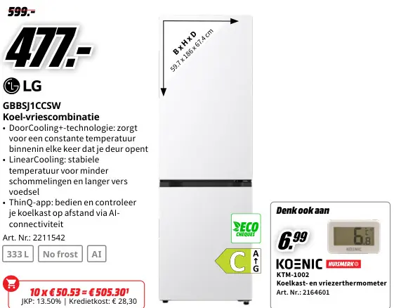 Promotie: LG GBBSJ1CCSW Koel-vriescombinatie
