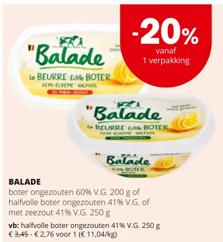 Promotie: boter ongezouten 60% V.G. 200 g of halfvolle boter