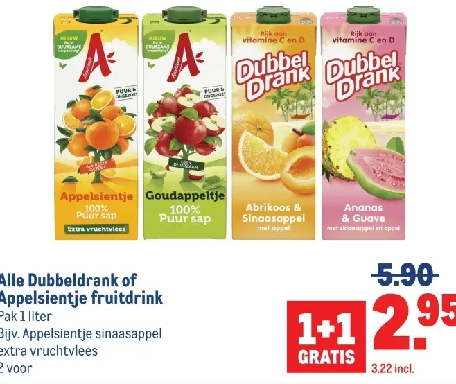 Aanbieding: Dubbeldrank of Appelsientje fruitdrink