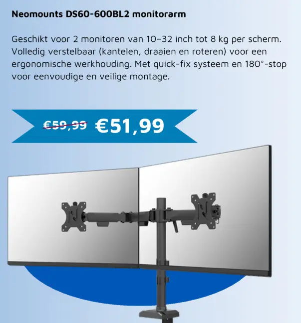 Aanbieding: Neomounts DS60-600BL2 monitorarm