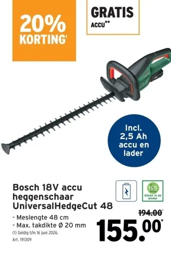 Promotie: Bosch 18V accu heggenschaar UniversalHedgeCut