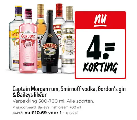 Promotie: Captain Morgan rum, Smirnoff vodka, Gordon's gin & Baileys likeur