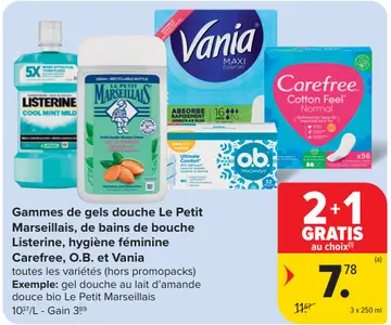 Offre: Gammes de gels douche Le Petit Marseillais, de bains de bouche Listerine, hygiène féminine Carefree, O.B. et Vania