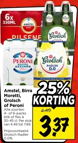 Aanbieding: Amstel, Birra Moretti, Grolsch of Peroni