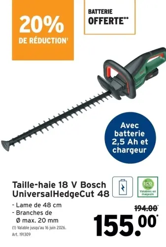 Offre: Taille-haie 18 V Bosch UniversalHedgeCut 48