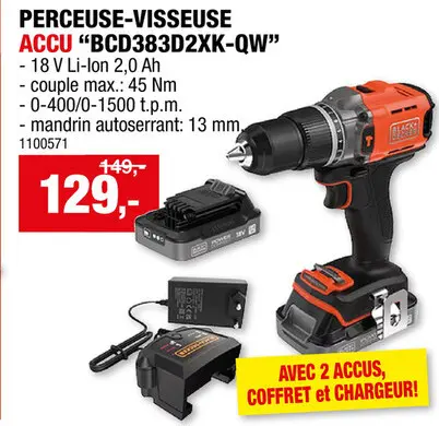 Offre: Black+Decker BCD383D2XK-QW perceuse-visseuse à  percussion sans fil 18V Li-Ion avec 2 batteries + chargeur + coffret