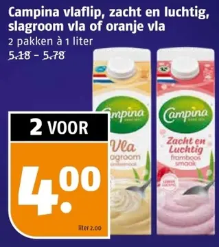 Aanbieding: Campina vlaflip, zacht en luchtig, slagroom vla of oranje vla