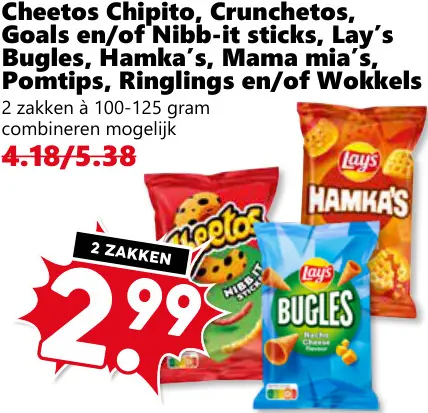 Aanbieding: Chipito, Crunchetos, Goals en/of Nibb-it sticks, Bugles, Hamka's, Mama mia's, Pomtips, Ringlings en/of Wokkels