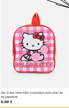 Offre: Sac à dos Hello Kitty à carreaux vichy avec k
