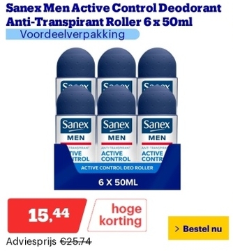 Aanbieding: Sanex Men Active Control Deodorant Anti-Transpirant Roller 6 x 50ml - Voordeelverpakking
