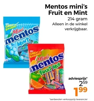 Aanbieding: Mentos mini's Fruit en Mint