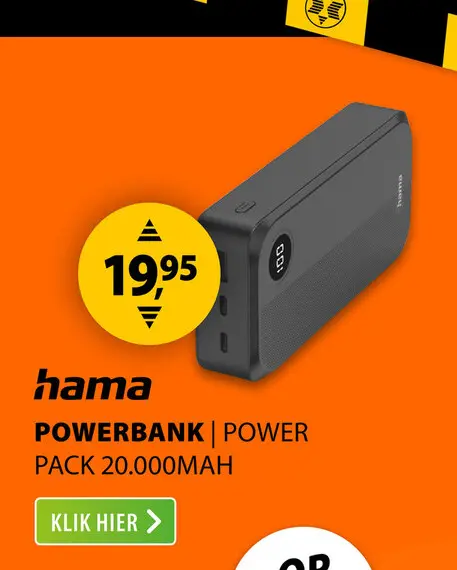 Aanbieding: Hama Power Pack 20.000mAh 3 Uitgangen: 2X USB-C 1X USB-A Zwart
