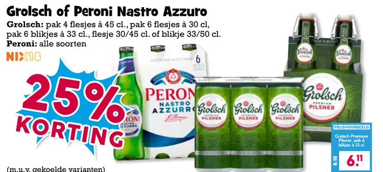 Aanbieding: Grolsch or Peroni Nastro Azzuro